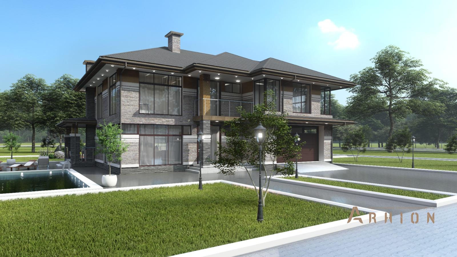 4. Проект двухэтажного дома в стиле Ллойда Райта (прерий) с многоскатной кровлей, H-1516, площадью - 466 кв c цокольным этажом, терассой, балконом, гаражом, вторым светом